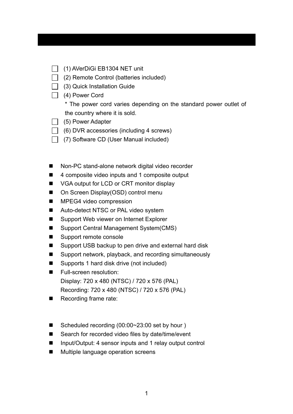 Chapter 1, Introduction, Package content | Features and specifications, Chapter 1 introduction, 1 package content, 2 features and specifications | AVerMedia Technologies AVERDIGI EB1304 User Manual | Page 7 / 56