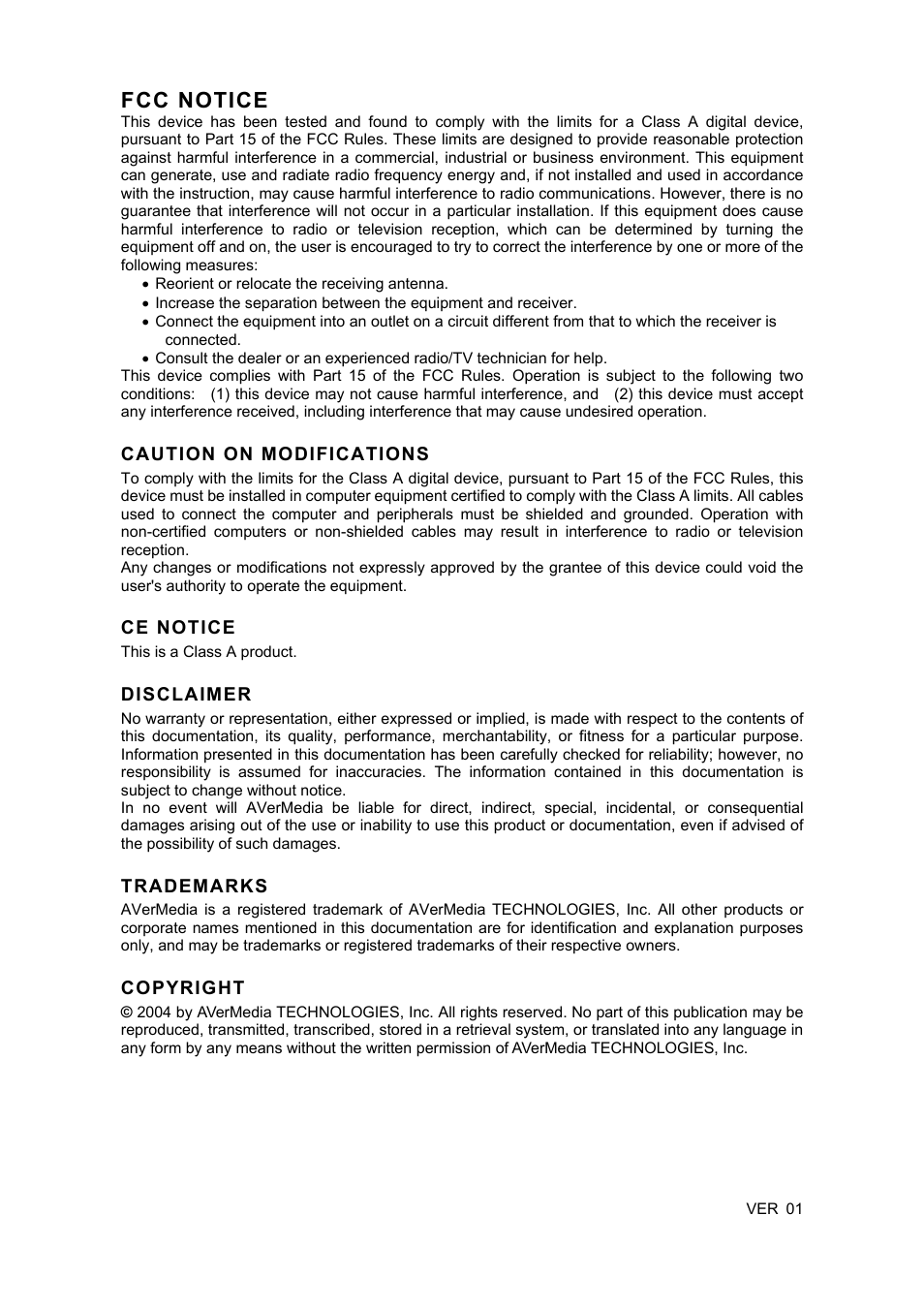 Fcc notice | AVerMedia Technologies EB1004 User Manual | Page 2 / 40