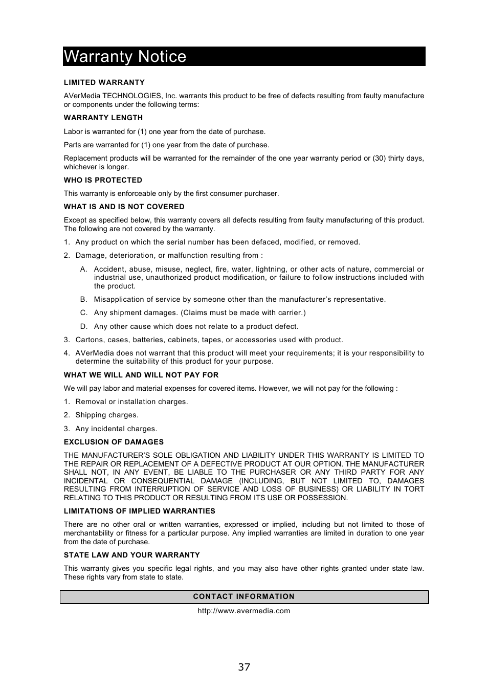 Warranty notice | AVerMedia Technologies EB1004 User Manual | Page 40 / 40
