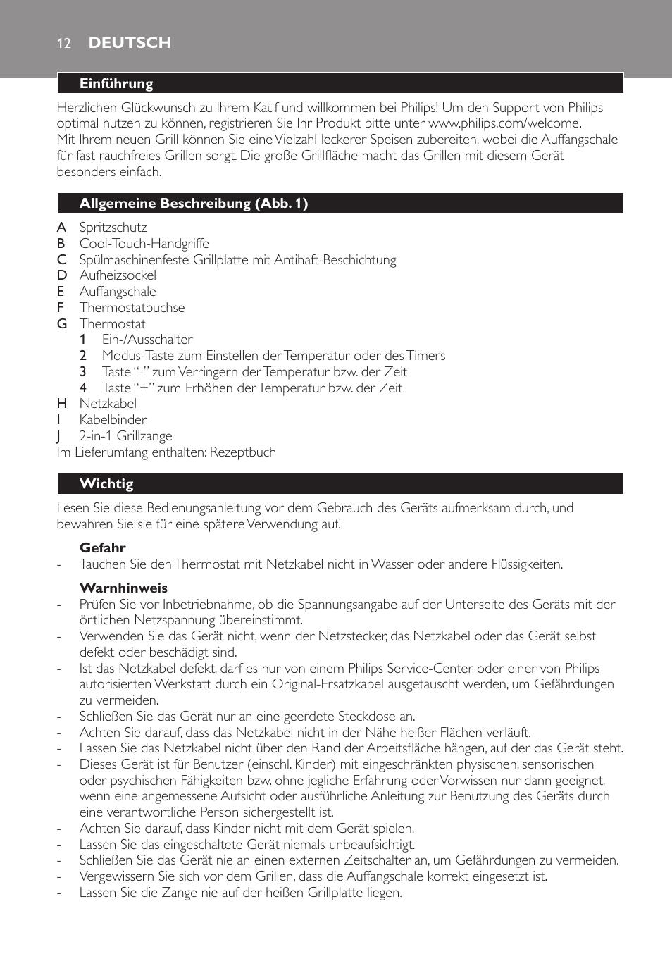 Warnhinweis, Gefahr, Deutsch | Einführung, Allgemeine beschreibung (abb. 1), Wichtig | Philips Pure Essentials Collection Gril de table User Manual | Page 12 / 68