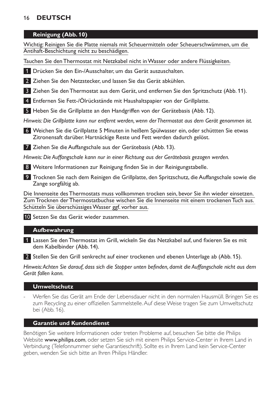 Reinigung (abb. 10), Aufbewahrung, Umweltschutz | Garantie und kundendienst | Philips Pure Essentials Collection Gril de table User Manual | Page 16 / 68