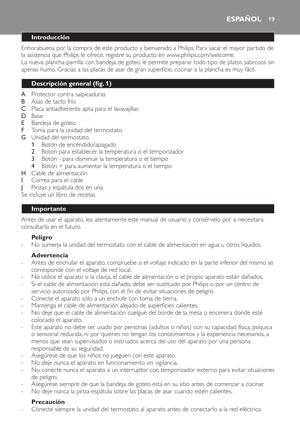 Advertencia, Precaución, Español | Introducción, Descripción general (fig. 1), Importante, Peligro | Philips Pure Essentials Collection Gril de table User Manual | Page 19 / 68