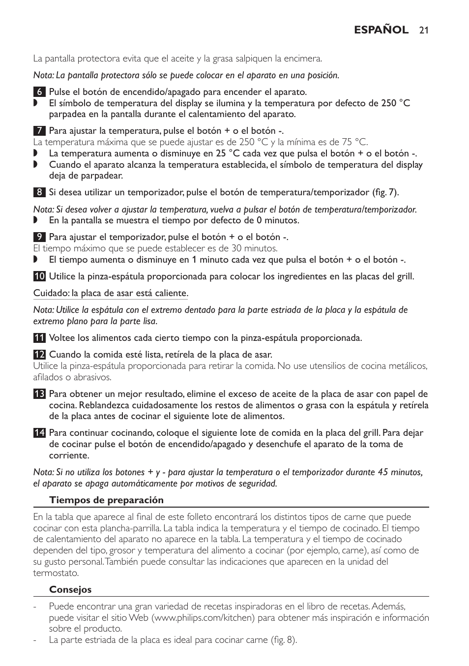 Tiempos de preparación, Consejos | Philips Pure Essentials Collection Gril de table User Manual | Page 21 / 68