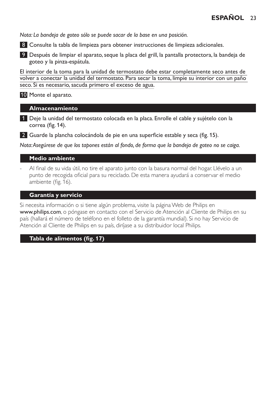 Almacenamiento, Medio ambiente, Garantía y servicio | Tabla de alimentos (fig. 17), Guía de resolución de problemas | Philips Pure Essentials Collection Gril de table User Manual | Page 23 / 68