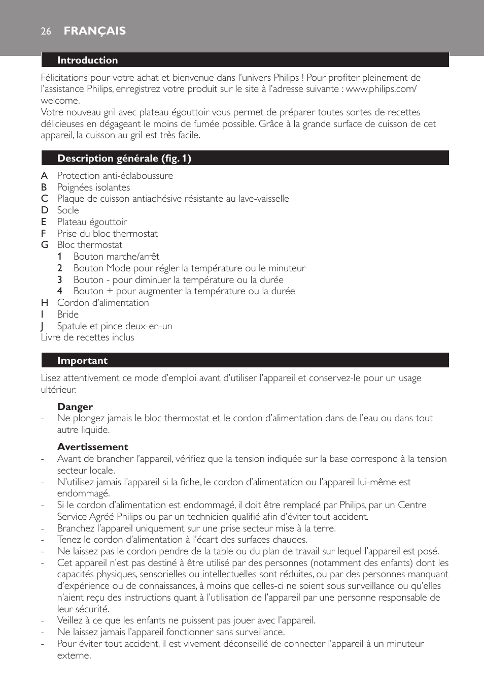 Avertissement, Danger, Français | Introduction, Description générale (fig. 1), Important | Philips Pure Essentials Collection Gril de table User Manual | Page 26 / 68