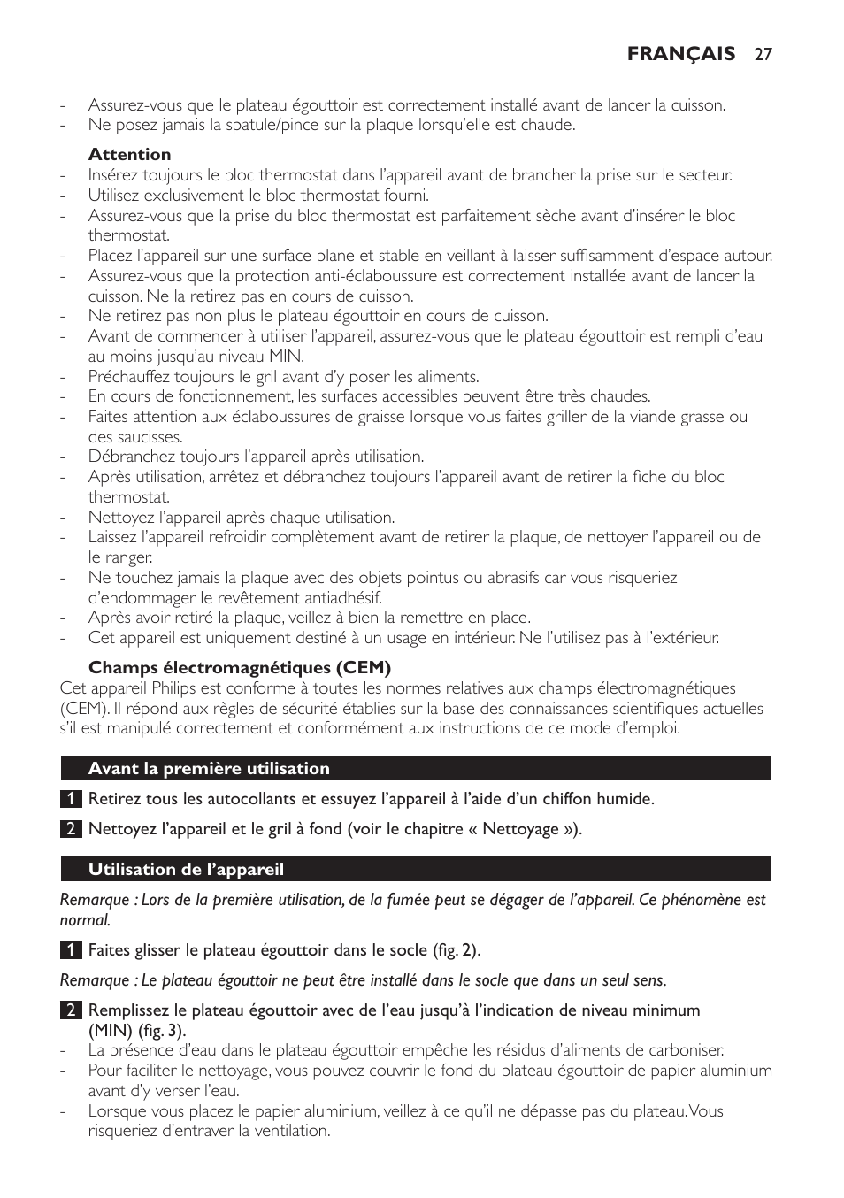 Champs électromagnétiques (cem), Attention, Avant la première utilisation | Utilisation de l’appareil | Philips Pure Essentials Collection Gril de table User Manual | Page 27 / 68