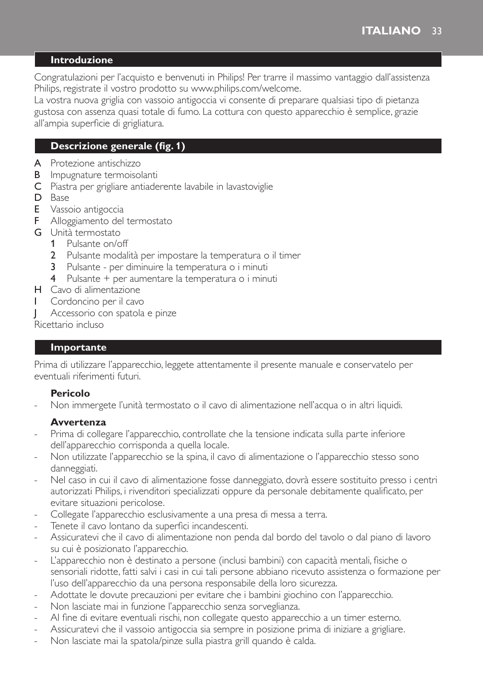 Pericolo, Avvertenza, Italiano | Introduzione, Descrizione generale (fig. 1), Importante | Philips Pure Essentials Collection Gril de table User Manual | Page 33 / 68