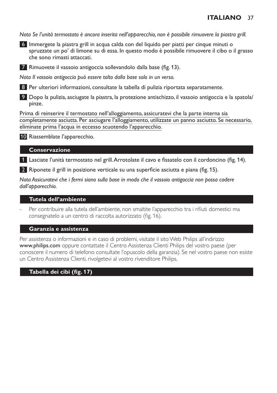 Conservazione, Tutela dell’ambiente, Garanzia e assistenza | Tabella dei cibi (fig. 17), Risoluzione dei guasti | Philips Pure Essentials Collection Gril de table User Manual | Page 37 / 68