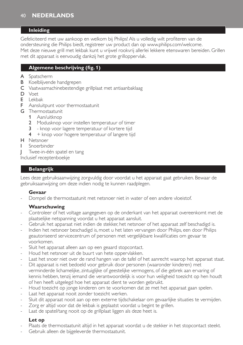 Gevaar, Waarschuwing, Let op | Nederlands, Inleiding, Algemene beschrijving (fig. 1), Belangrijk | Philips Pure Essentials Collection Gril de table User Manual | Page 40 / 68