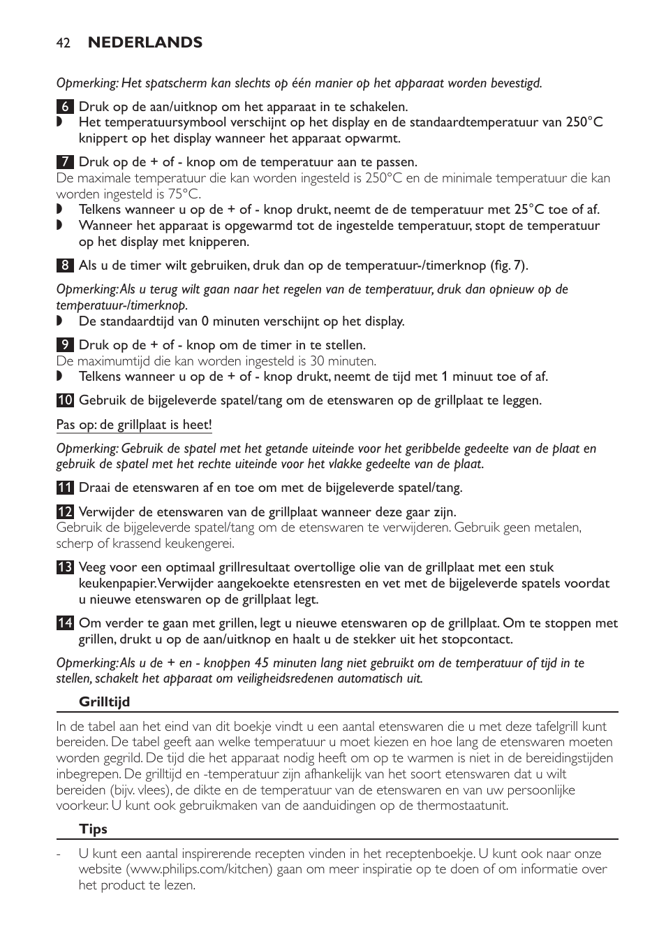 Grilltijd, Tips | Philips Pure Essentials Collection Gril de table User Manual | Page 42 / 68