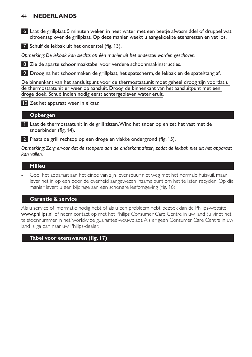Opbergen, Milieu, Garantie & service | Tabel voor etenswaren (fig. 17), Problemen oplossen | Philips Pure Essentials Collection Gril de table User Manual | Page 44 / 68