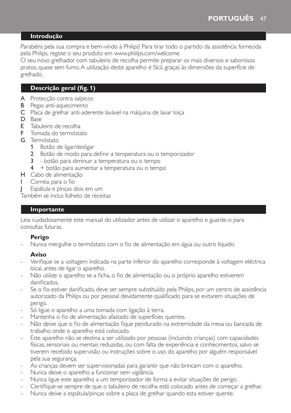 Perigo, Aviso, Português | Introdução, Descrição geral (fig. 1), Importante | Philips Pure Essentials Collection Gril de table User Manual | Page 47 / 68