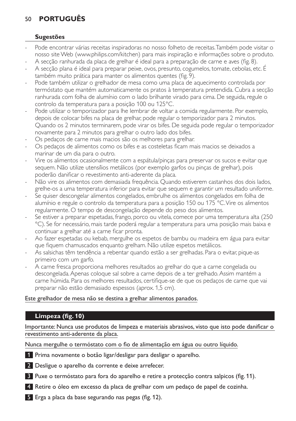 Sugestões, Limpeza (fig. 10) | Philips Pure Essentials Collection Gril de table User Manual | Page 50 / 68