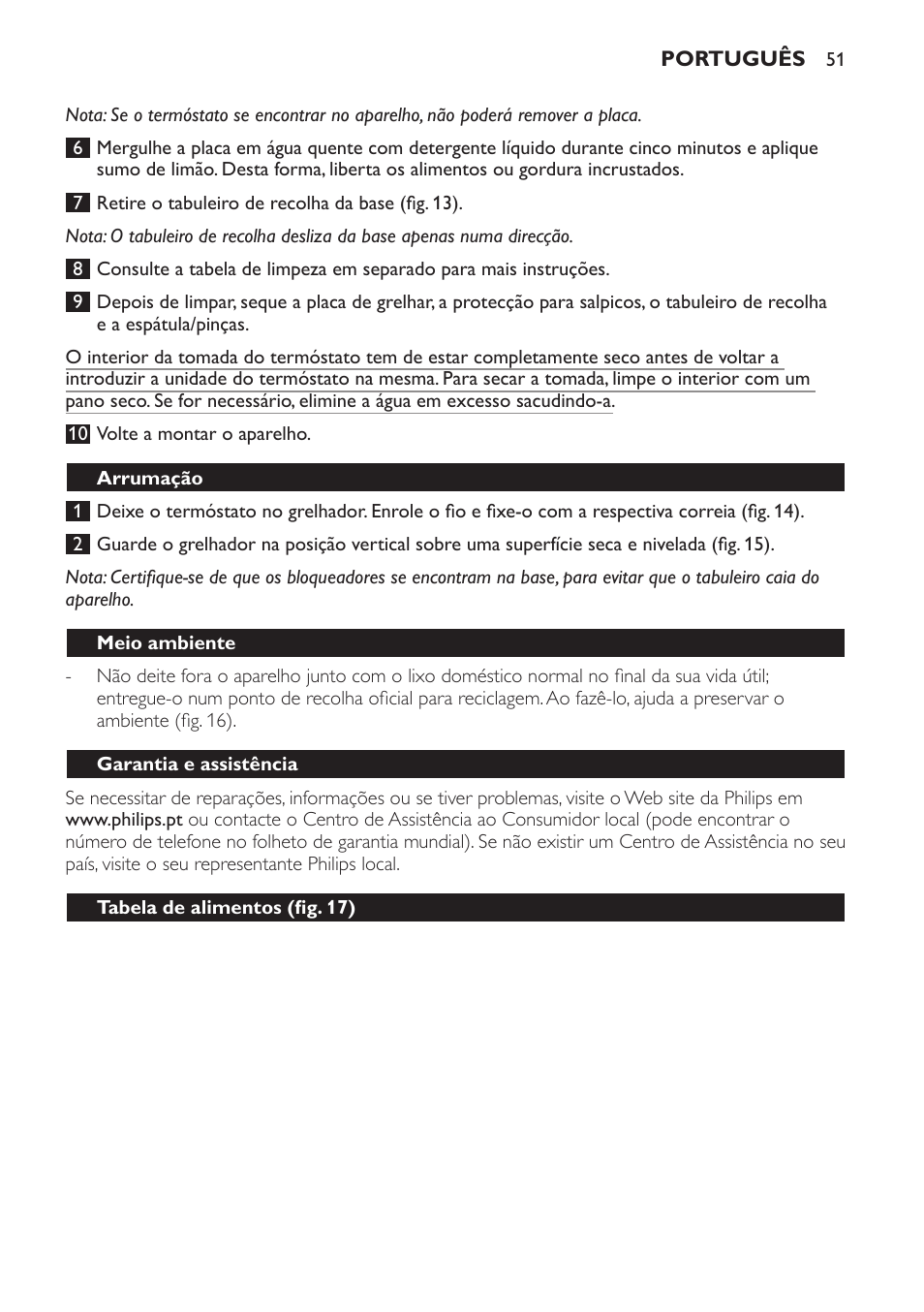 Arrumação, Meio ambiente, Garantia e assistência | Tabela de alimentos (fig. 17), Resolução de problemas | Philips Pure Essentials Collection Gril de table User Manual | Page 51 / 68