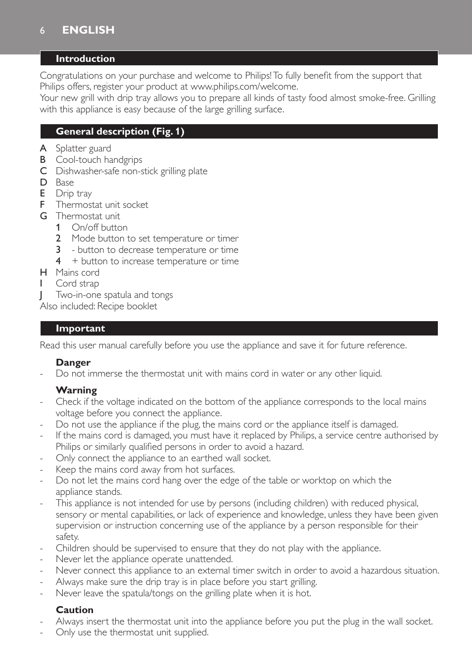 English, Introduction, General description (fig. 1) | Important, Danger, Warning, Caution | Philips Pure Essentials Collection Gril de table User Manual | Page 6 / 68