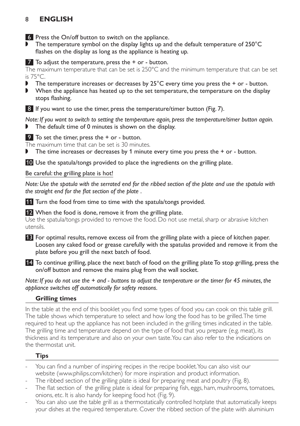 Grilling times, Tips | Philips Pure Essentials Collection Gril de table User Manual | Page 8 / 68