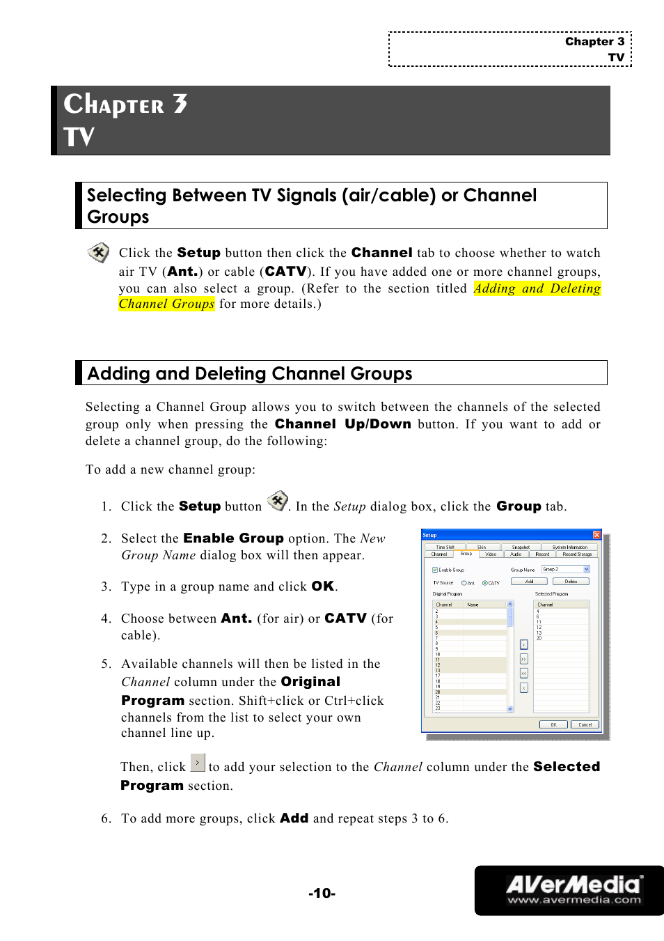 Chapter 3 tv, Adding and deleting channel groups | AVerMedia Technologies 1500 MCE User Manual | Page 14 / 58