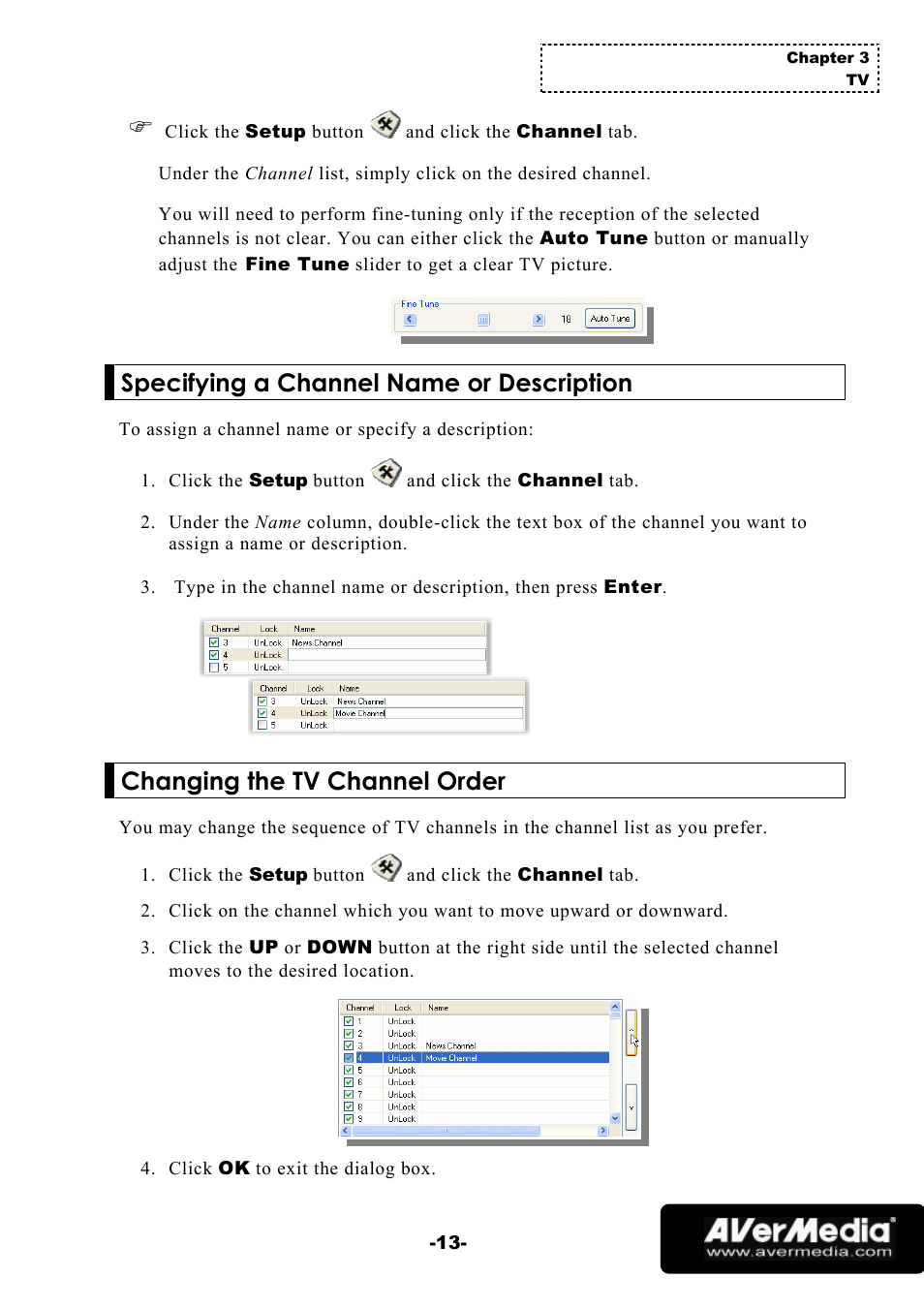 Specifying a channel name or description, Changing the tv channel order | AVerMedia Technologies 1500 MCE User Manual | Page 17 / 58