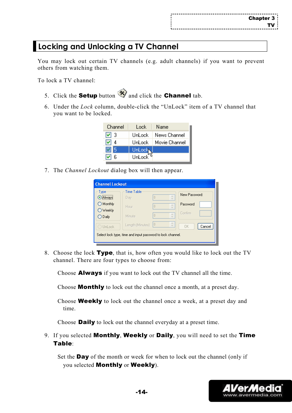 Locking and unlocking a tv channel | AVerMedia Technologies 1500 MCE User Manual | Page 18 / 58