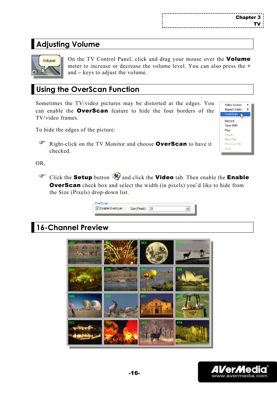 Adjusting volume, Using the overscan function, Channel preview | AVerMedia Technologies 1500 MCE User Manual | Page 20 / 58