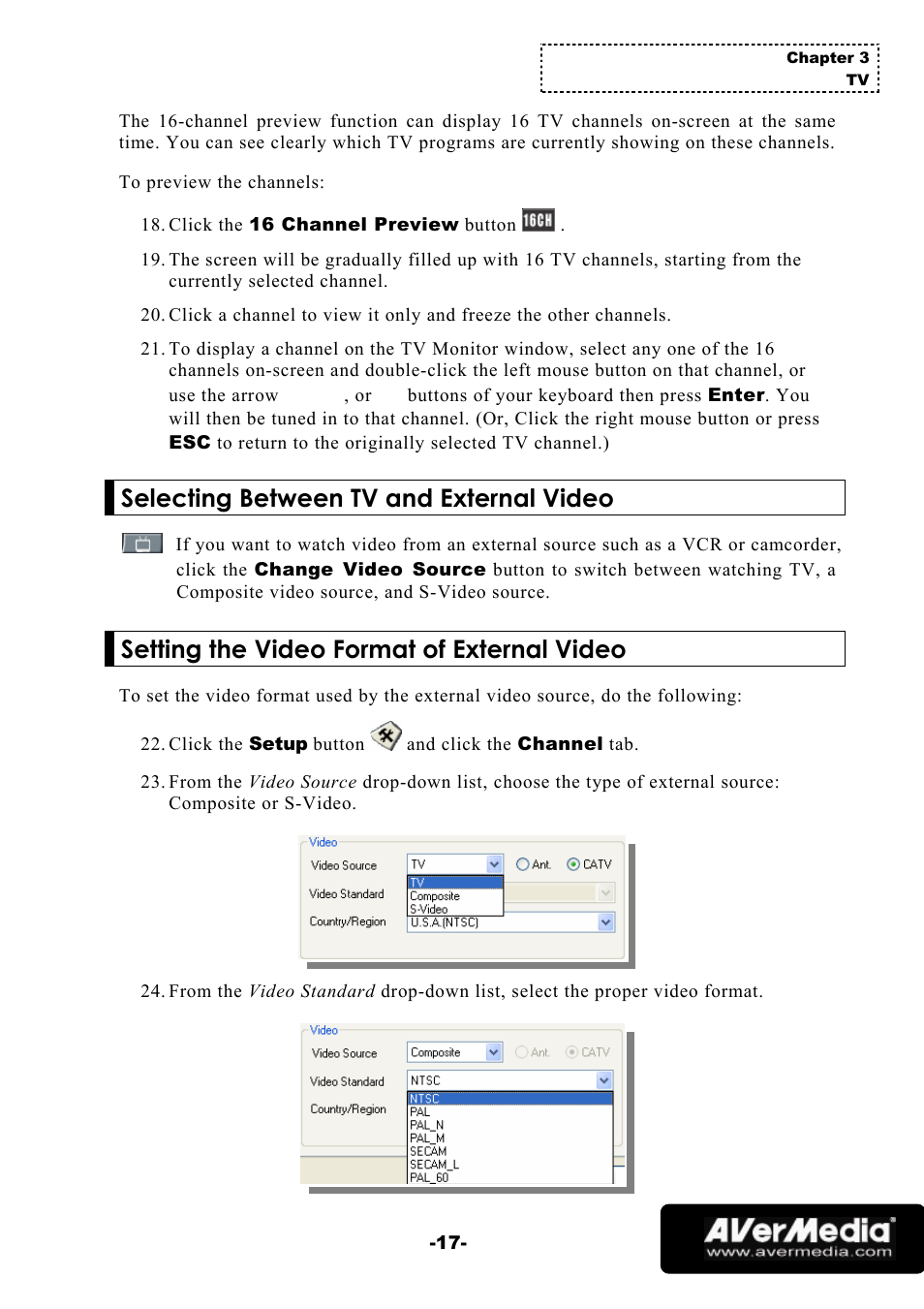 Selecting between tv and external video, Setting the video format of external video | AVerMedia Technologies 1500 MCE User Manual | Page 21 / 58