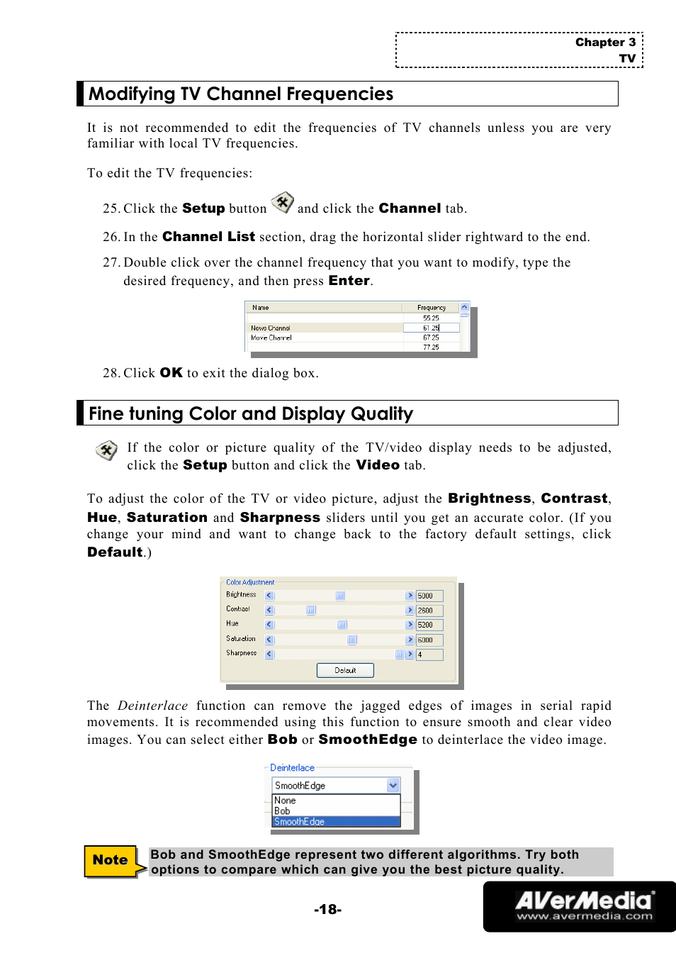 Modifying tv channel frequencies, Fine tuning color and display quality | AVerMedia Technologies 1500 MCE User Manual | Page 22 / 58