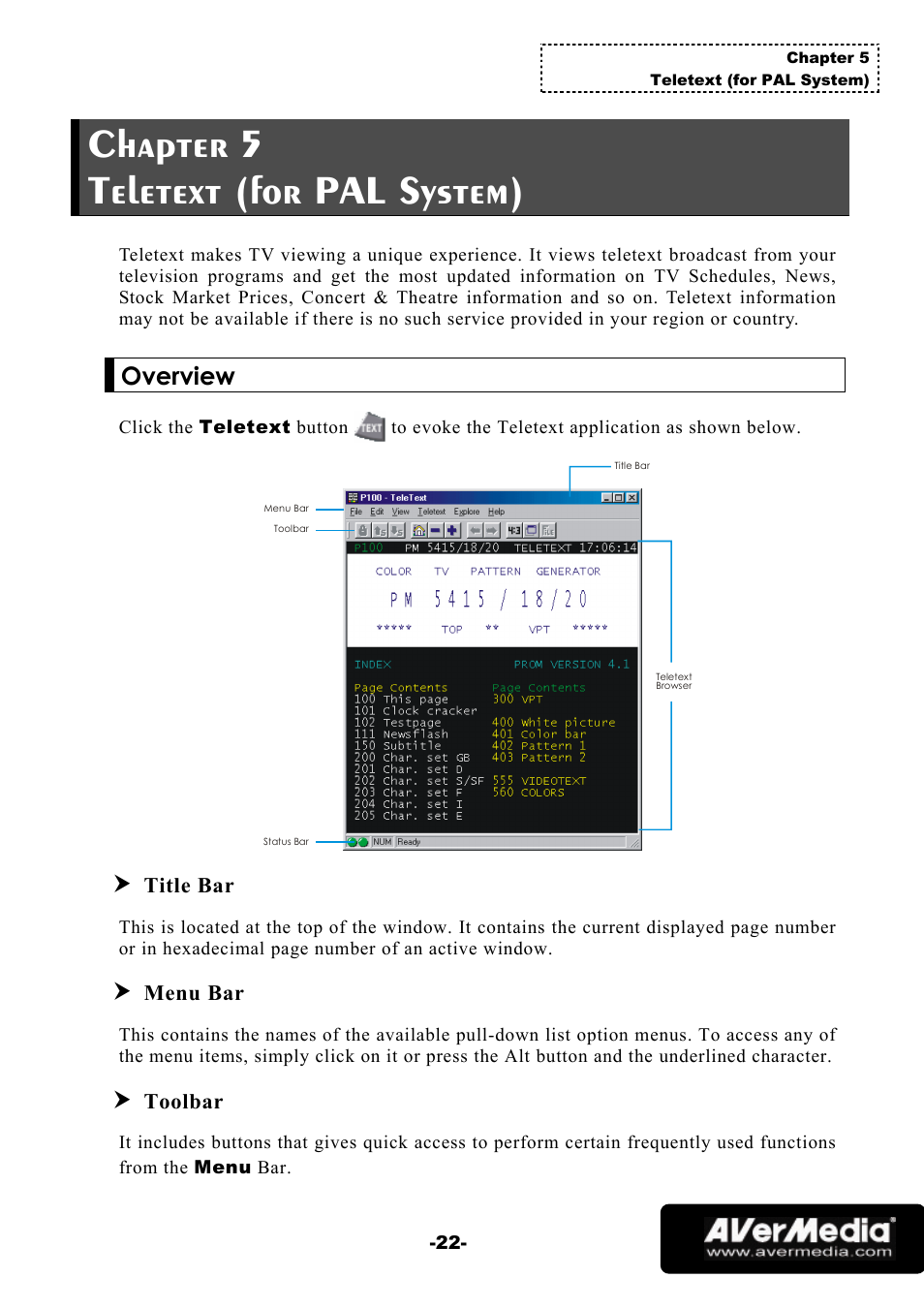 Chapter 5 teletext (for pal system), Overview, Title bar | Menu bar, Toolbar | AVerMedia Technologies 1500 MCE User Manual | Page 26 / 58