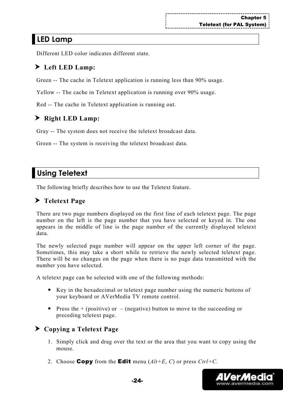 Led lamp, Using teletext | AVerMedia Technologies 1500 MCE User Manual | Page 28 / 58