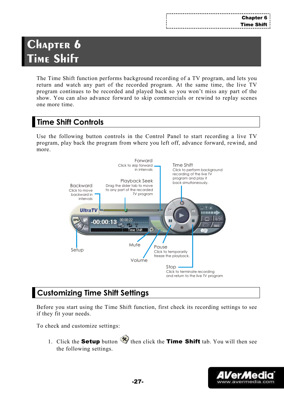 Chapter 6 time shift, Time shift controls, Customizing time shift settings | AVerMedia Technologies 1500 MCE User Manual | Page 31 / 58
