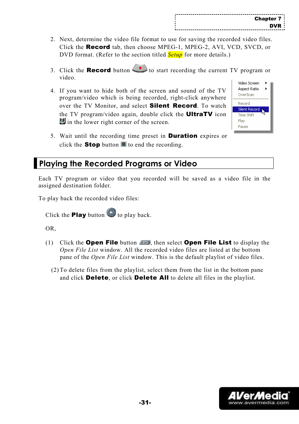 Playing the recorded programs or video | AVerMedia Technologies 1500 MCE User Manual | Page 35 / 58