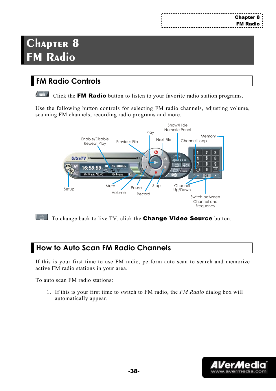 Chapter 8 fm radio, Fm radio controls, How to auto scan fm radio channels | AVerMedia Technologies 1500 MCE User Manual | Page 42 / 58