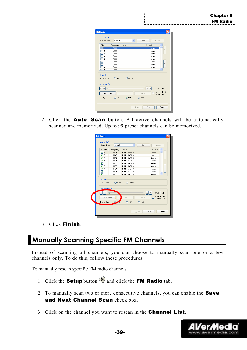 Manually scanning specific fm channels | AVerMedia Technologies 1500 MCE User Manual | Page 43 / 58