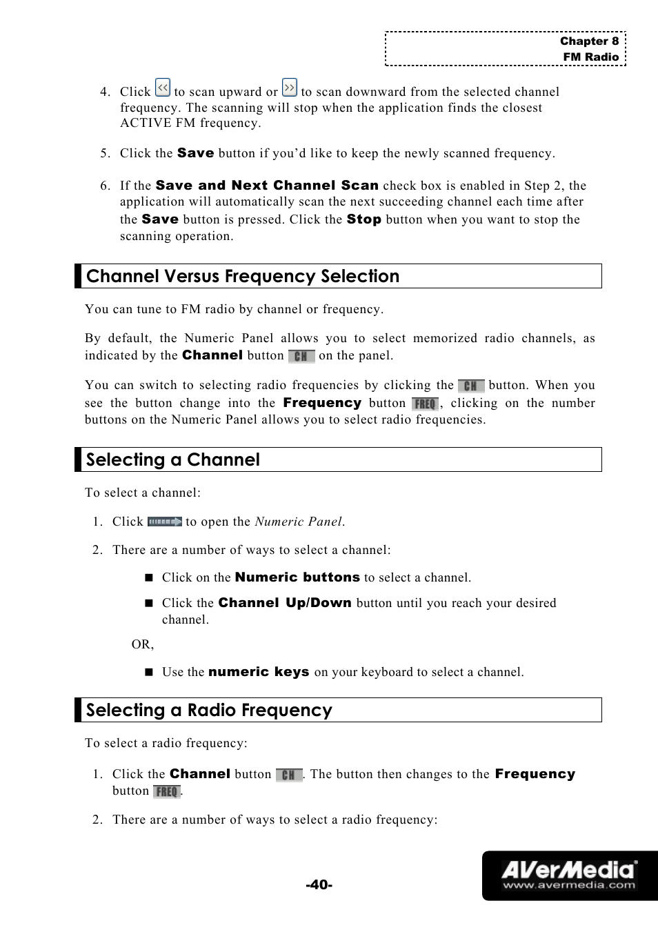 Channel versus frequency selection, Selecting a channel, Selecting a radio frequency | AVerMedia Technologies 1500 MCE User Manual | Page 44 / 58