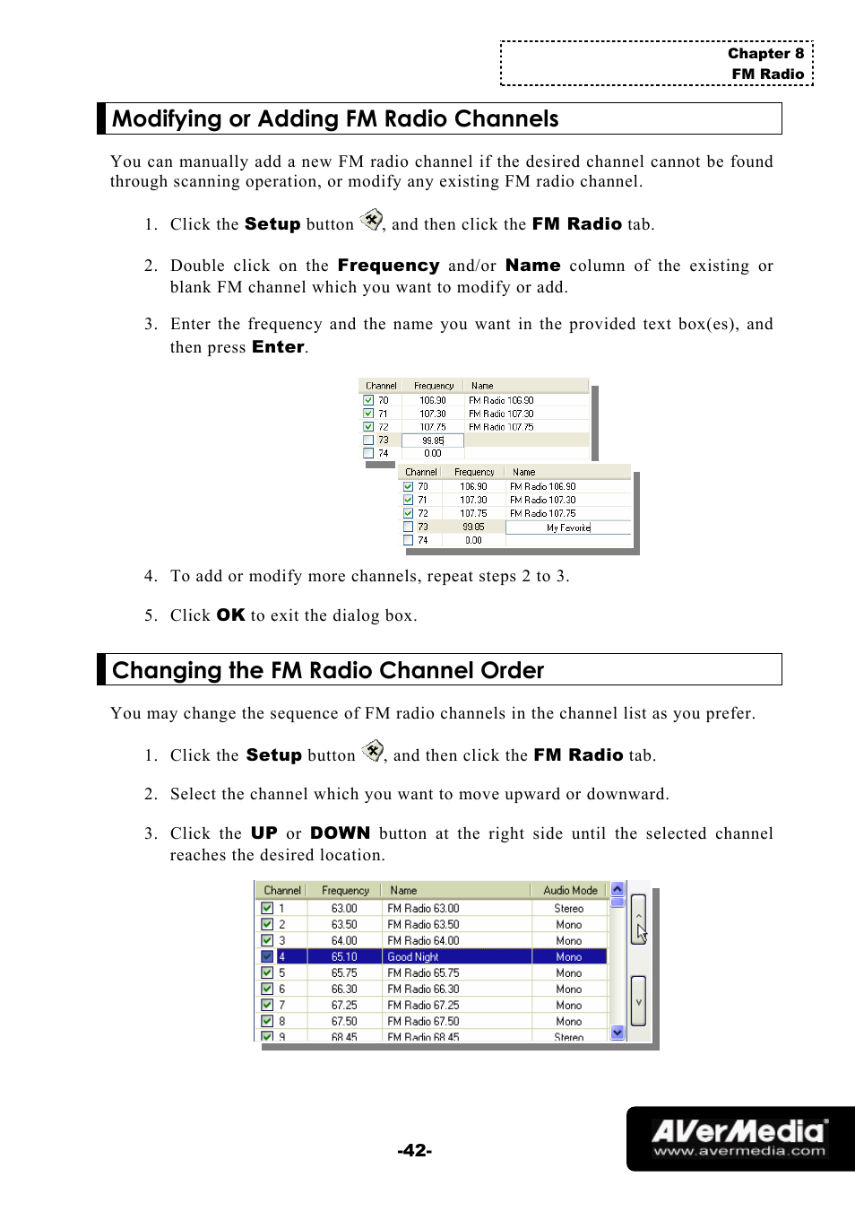 Modifying or adding fm radio channels, Changing the fm radio channel order | AVerMedia Technologies 1500 MCE User Manual | Page 46 / 58