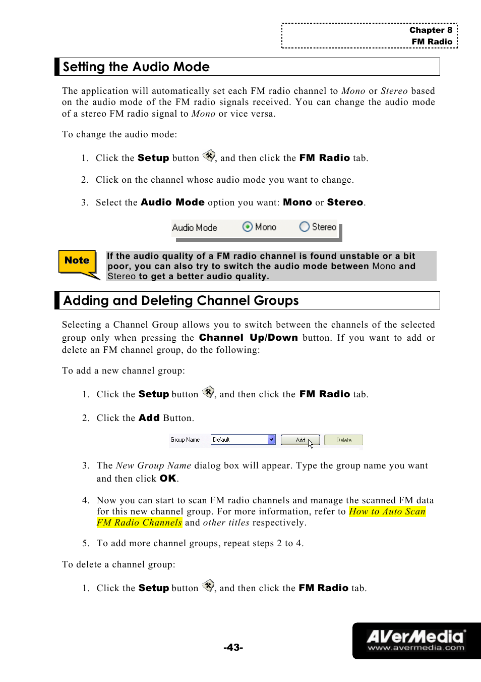 Setting the audio mode, Adding and deleting channel groups | AVerMedia Technologies 1500 MCE User Manual | Page 47 / 58