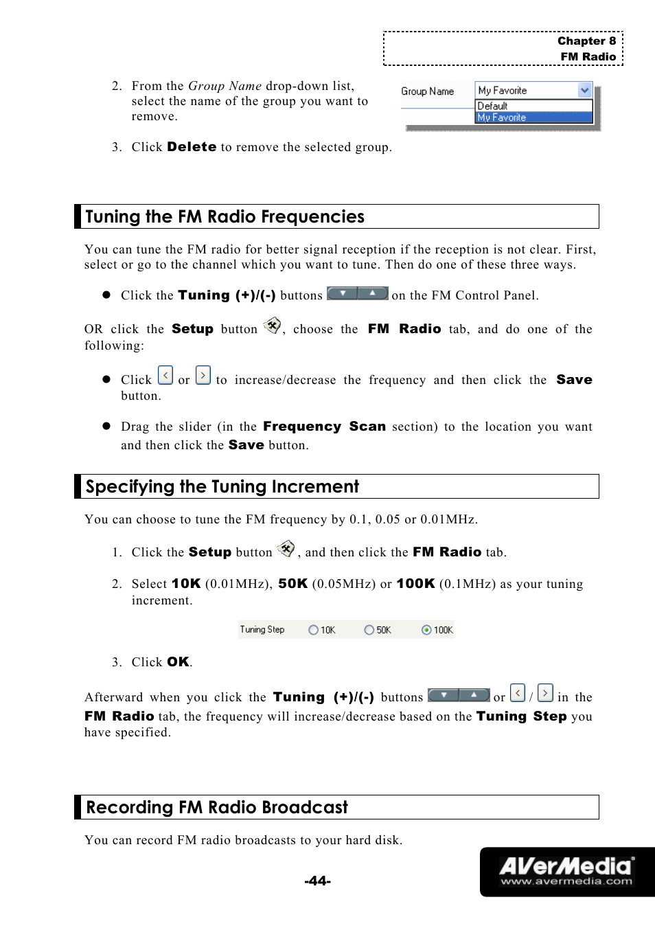 Tuning the fm radio frequencies, Specifying the tuning increment, Recording fm radio broadcast | AVerMedia Technologies 1500 MCE User Manual | Page 48 / 58