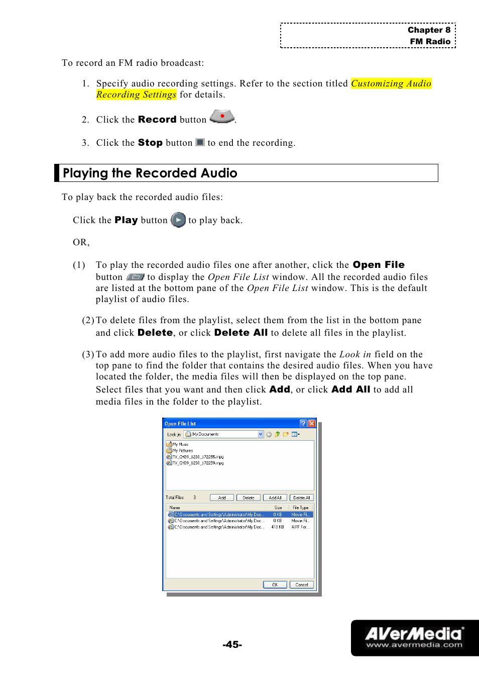 Playing the recorded audio | AVerMedia Technologies 1500 MCE User Manual | Page 49 / 58