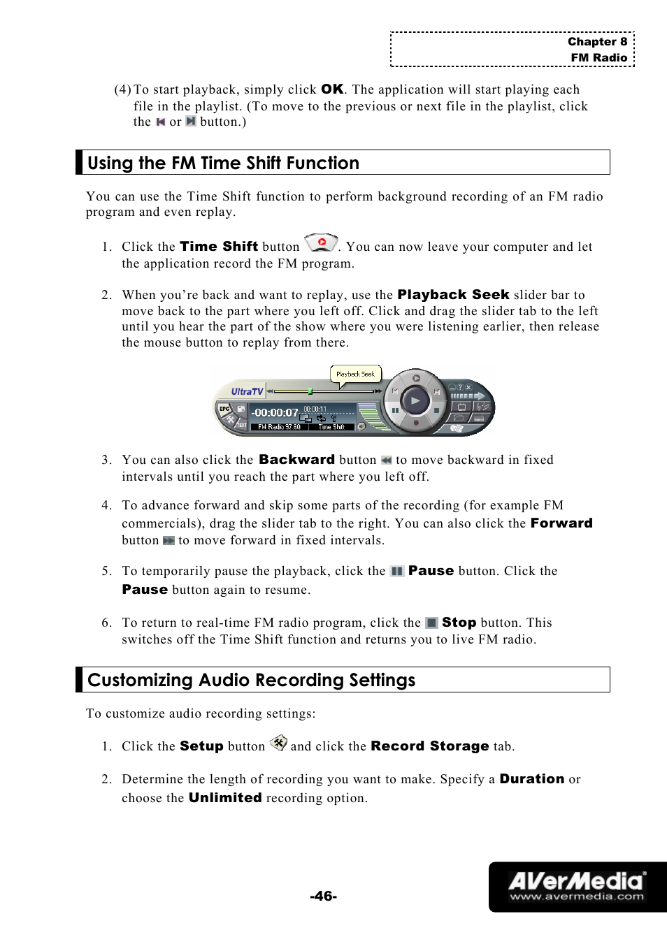 Using the fm time shift function, Customizing audio recording settings | AVerMedia Technologies 1500 MCE User Manual | Page 50 / 58