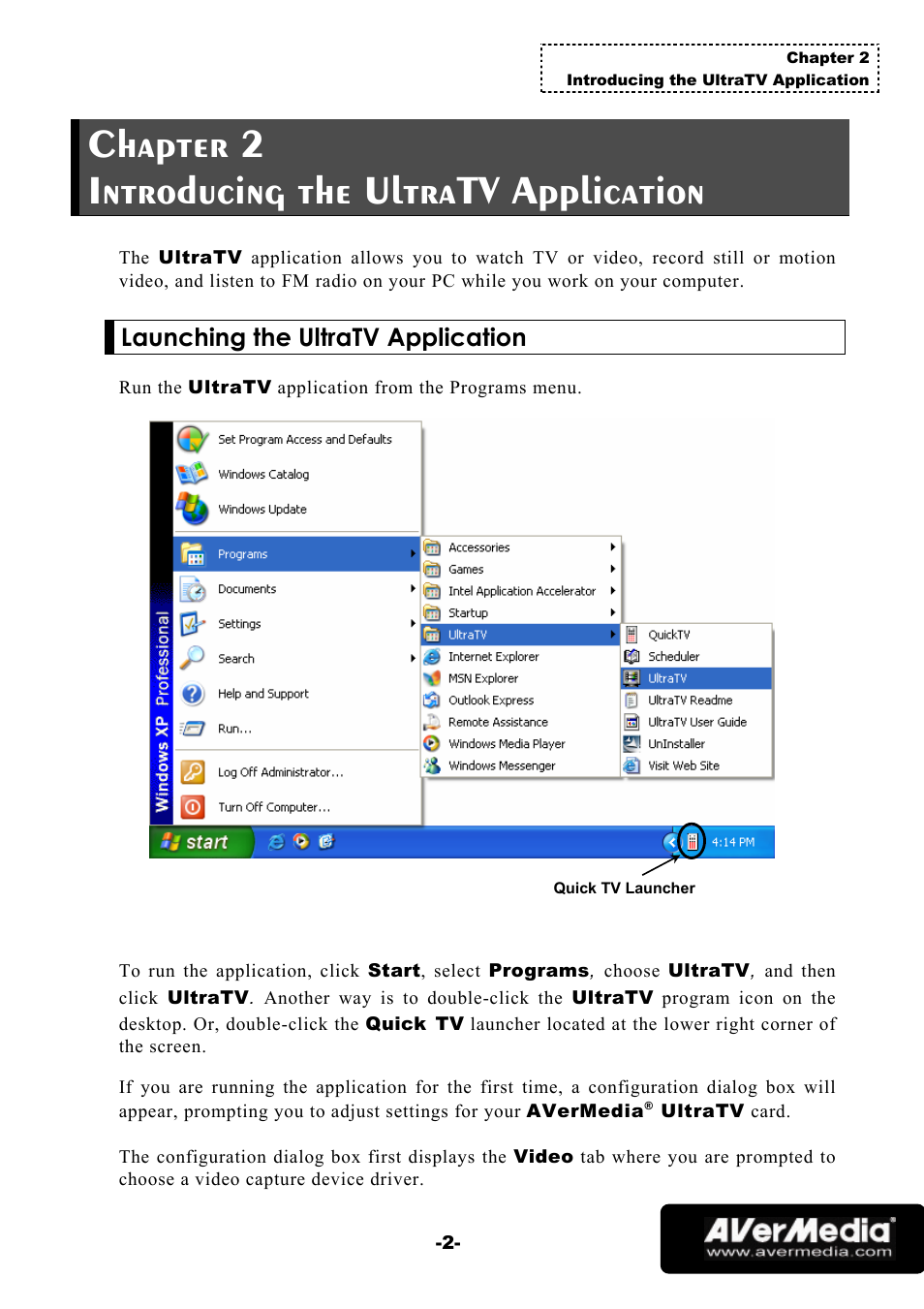 Chapter 2 introducing the ultratv application, Launching the ultratv application | AVerMedia Technologies 1500 MCE User Manual | Page 6 / 58