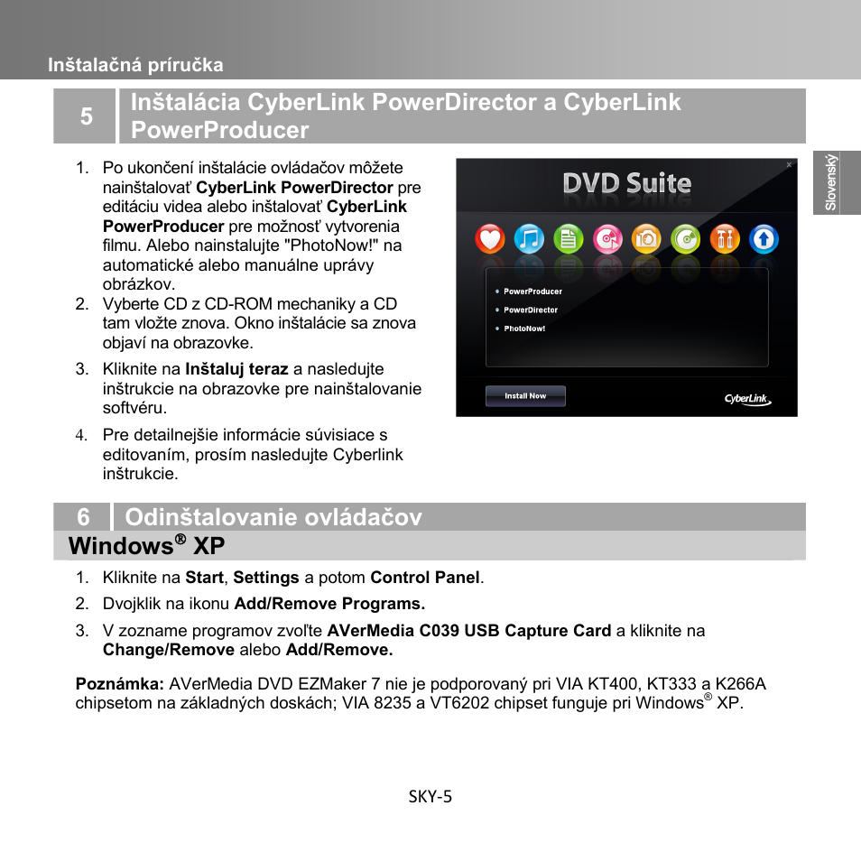 6odinštalovanie ovládačov windows, Inštalačná príručka sky-5 | AverMedia C039 User Manual | Page 15 / 72