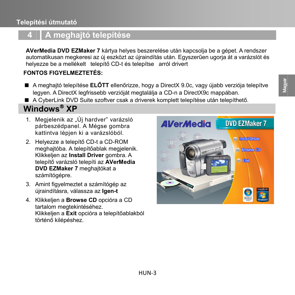 4 a meghajtó telepítése, Windows, Telepítési útmutató hun-3 | AverMedia C039 User Manual | Page 19 / 72