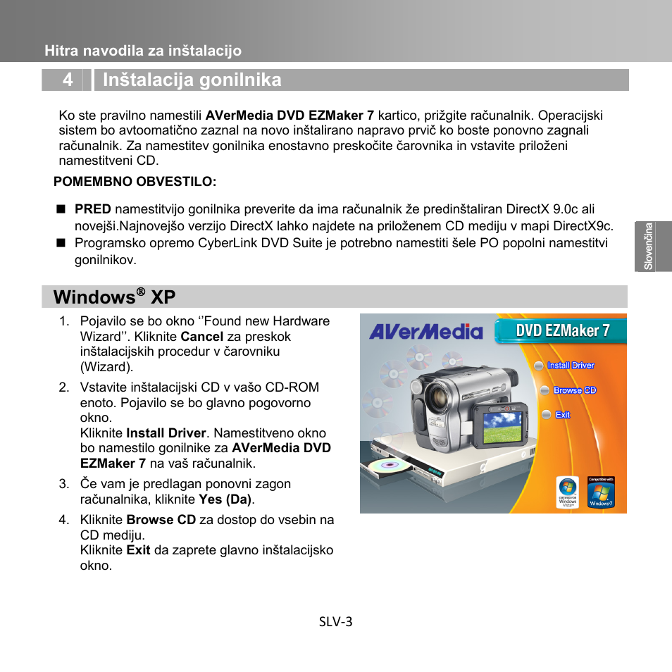 4 inštalacija gonilnika, Windows, Hitra navodila za inštalacijo slv-3 | AverMedia C039 User Manual | Page 25 / 72