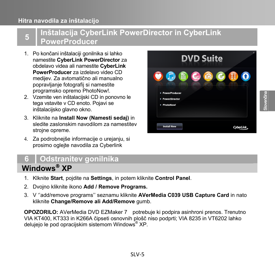 6odstranitev gonilnika windows, Hitra navodila za inštalacijo slv-5 | AverMedia C039 User Manual | Page 27 / 72
