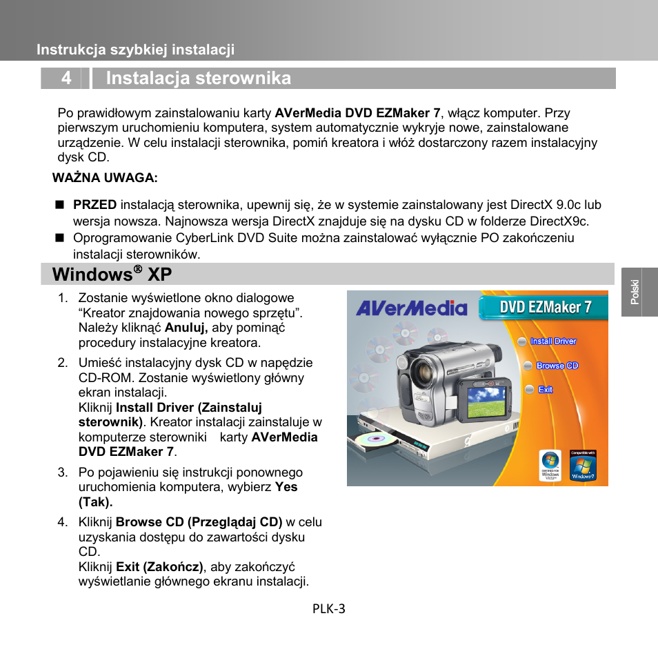 4 instalacja sterownika, Windows, Instrukcja szybkiej instalacji plk-3 | AverMedia C039 User Manual | Page 31 / 72