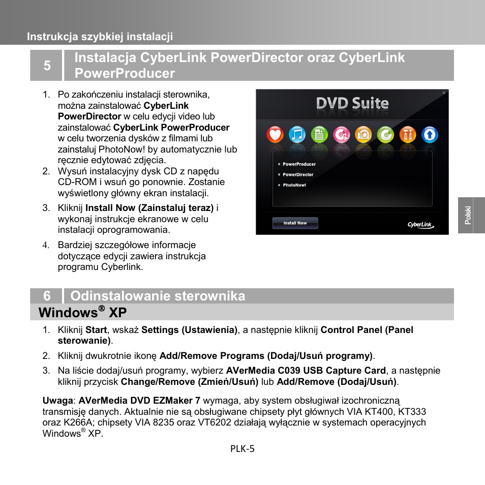 6 odinstalowanie sterownika windows, Instrukcja szybkiej instalacji plk-5 | AverMedia C039 User Manual | Page 33 / 72
