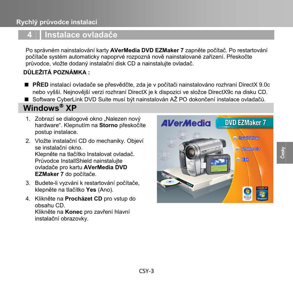4 instalace ovladače, Windows, Rychlý průvodce instalací csy-3 | AverMedia C039 User Manual | Page 37 / 72