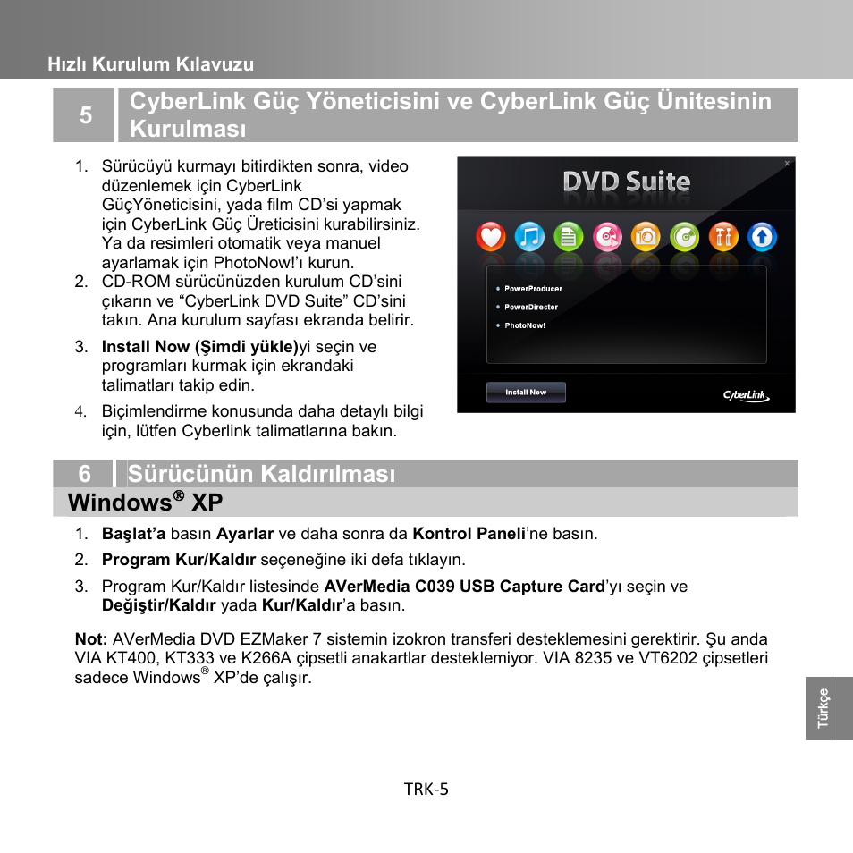 6sürücünün kaldırılması windows, Hızlı kurulum kılavuzu trk-5 | AverMedia C039 User Manual | Page 63 / 72