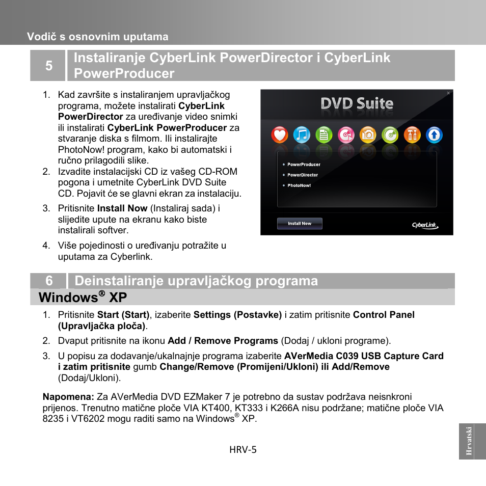 6deinstaliranje upravljačkog programa windows, Vodič s osnovnim uputama hrv-5 | AverMedia C039 User Manual | Page 69 / 72