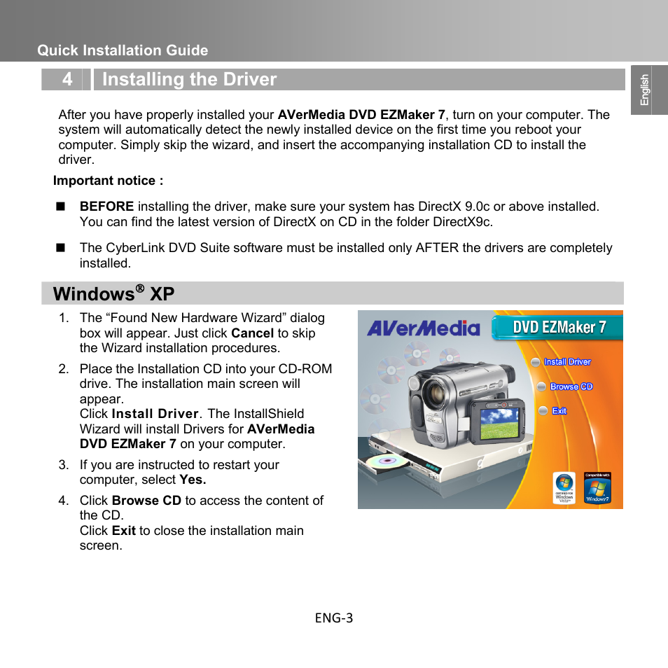 4 installing the driver, Windows, Quick installation guide eng-3 | AverMedia C039 User Manual | Page 7 / 72