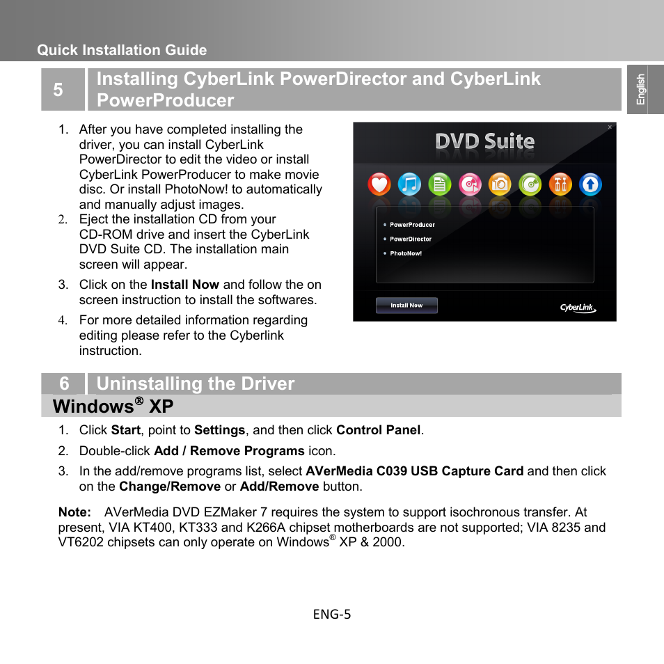 6uninstalling the driver windows, Quick installation guide eng-5 | AverMedia C039 User Manual | Page 9 / 72